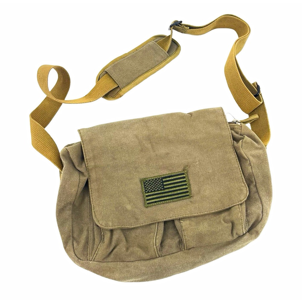 Military Style Canvas Messenger Bag Olive Drab Tactical Crossbody Bag USA Flag